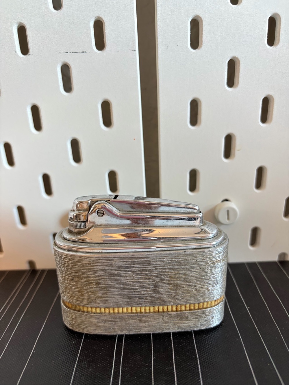 Vintage Mid Century Silver & Gold Tone Table Lighter Textured Metal